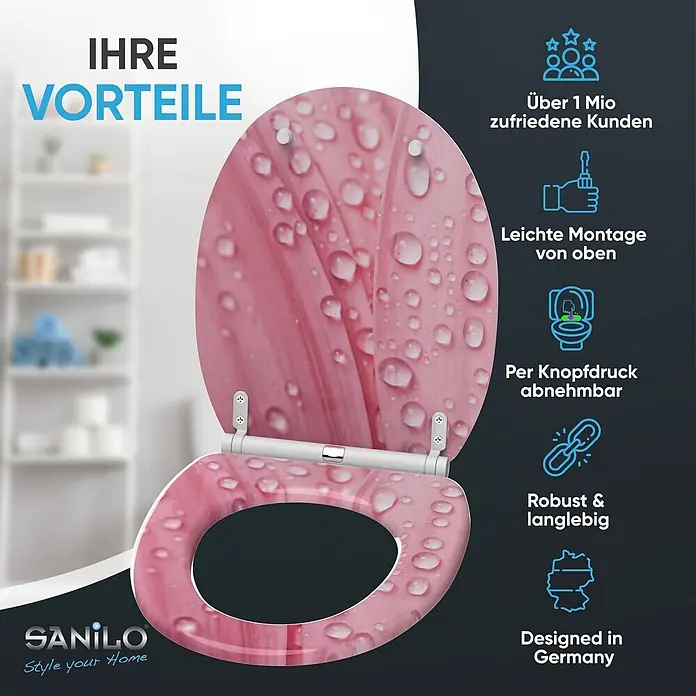 SANILO WC-Sitz Pink Flower mit Schnellverschluss - MDF, Pink, Mit Absenkautomatik - Rosa Toilettensitz mit Wassertropfen-Muster, geöffnet präsentiert mit den Produktvorteilen daneben.