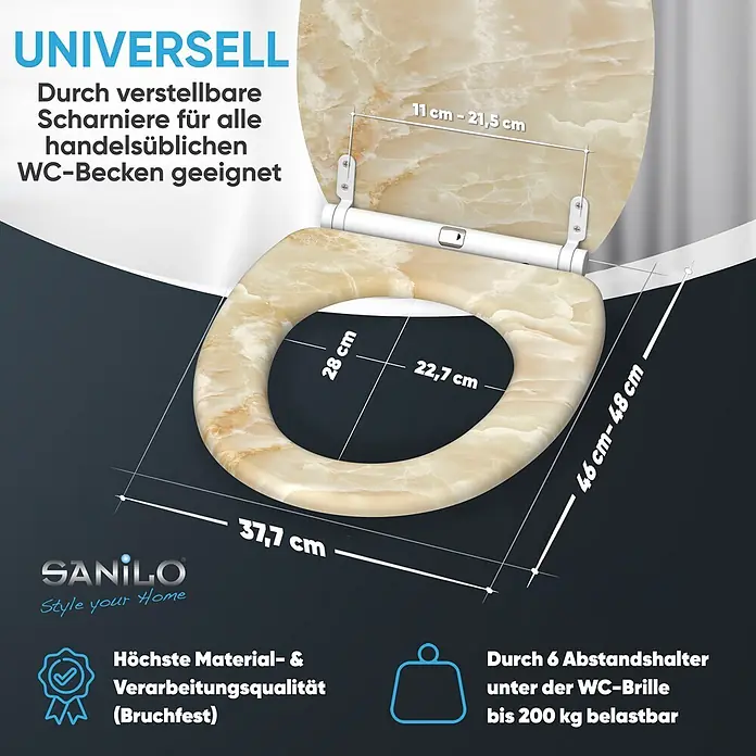 SANILO WC-Sitz Marmor Natur mit Schnellverschluss - MDF, Braun, Mit Absenkautomatik - WC-Sitz in beige-brauner Onyx-Optik, mit verstellbaren Scharnieren, universellen Maßen und bis 200 kg belastbar.