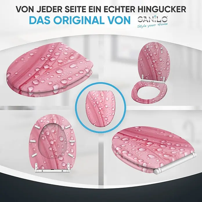 SANILO WC-Sitz Pink Flower mit Schnellverschluss - MDF, Pink, Mit Absenkautomatik - Rosafarbener Toilettensitz mit Wassertropfen-Design, aus verschiedenen Perspektiven gezeigt.