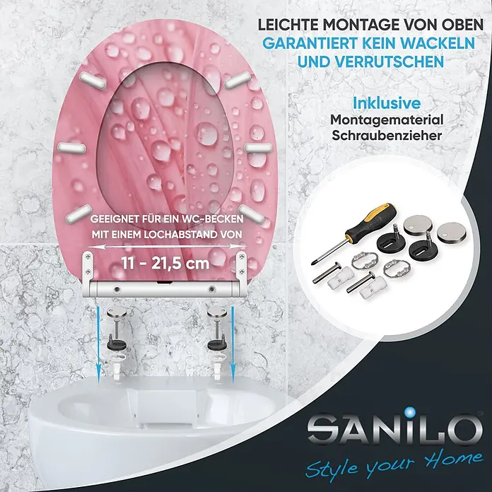 SANILO WC-Sitz Pink Flower mit Schnellverschluss - MDF, Pink, Mit Absenkautomatik - Pinker WC-Sitz mit Wassertropfen-Design, inklusive Montagezubehör und Schraubenzieher für einfache Top-Befestigung an WC-Becken mit 11-21,5 cm Lochabstand.