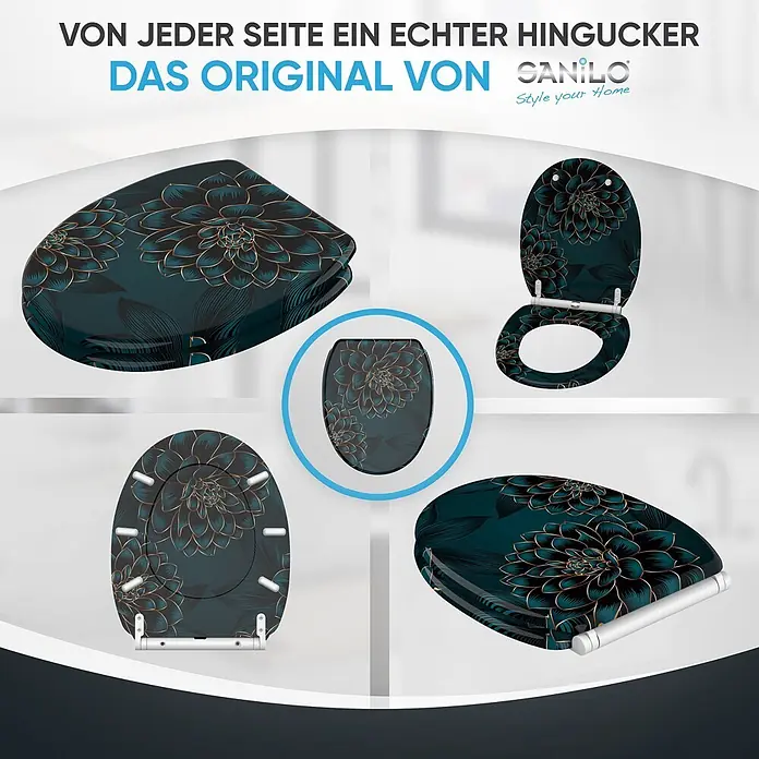 SANILO WC-Sitz Dahlien mit Schnellverschluss - MDF, Blau, Mit Absenkautomatik - Glänzender dunkelblauer Toilettensitz mit elegantem goldenem Blumenmuster, aus verschiedenen Winkeln gezeigt.