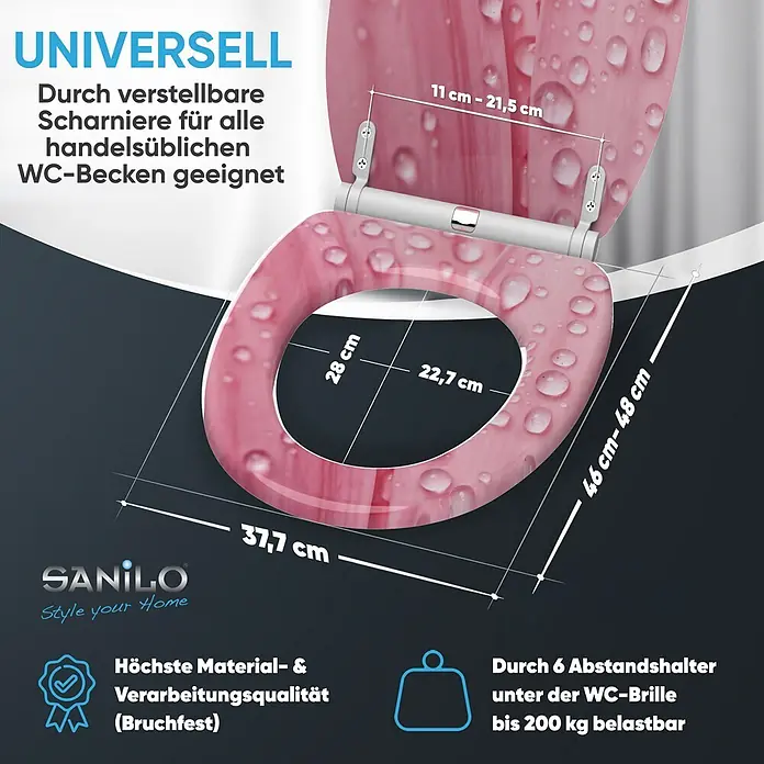 SANILO WC-Sitz Pink Flower mit Schnellverschluss - MDF, Pink, Mit Absenkautomatik - Rosafarbener Toilettensitz mit Wassertropfen-Design, Maße gezeigt. Universell, bruchfest, bis 200 kg belastbar.