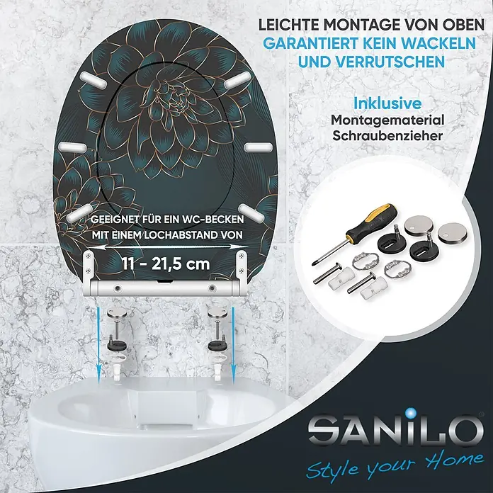 SANILO WC-Sitz Dahlien mit Schnellverschluss - MDF, Blau, Mit Absenkautomatik - Dunkelgrüner WC-Sitz mit Blumenmuster, zeigt Top-Montage auf einem WC und inkludiertes Zubehör wie Schraubenzieher. Lochabstand 11-21,5 cm.