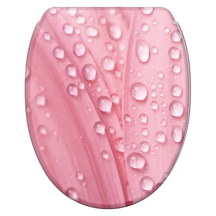 SANILO WC-Sitz Pink Flower mit Schnellverschluss - MDF, Pink, Mit Absenkautomatik - Rosa Toilettensitzdeckel mit Nahaufnahme von rosa Blütenblättern und Wassertropfen.