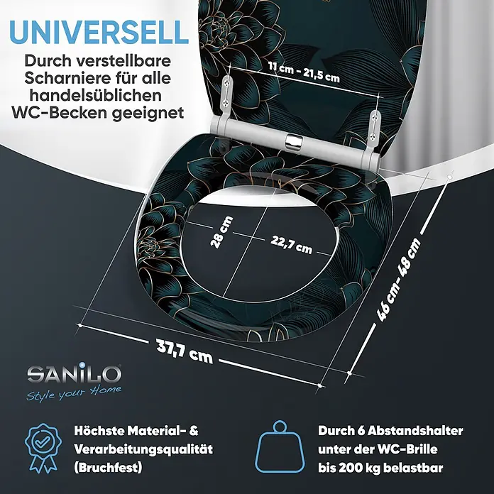 SANILO WC-Sitz Dahlien mit Schnellverschluss - MDF, Blau, Mit Absenkautomatik - WC-Sitz mit floralem Muster, universal passend durch verstellbare Scharniere, belastbar bis 200kg.