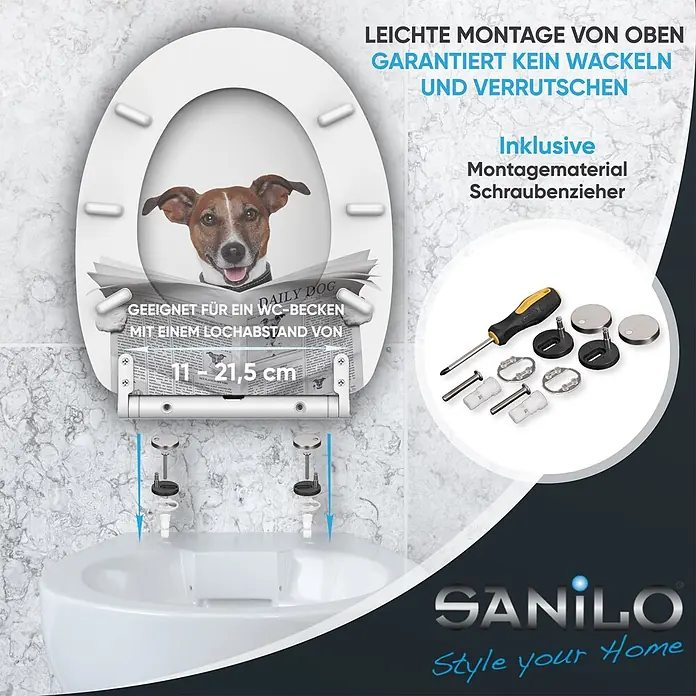 SANILO WC-Sitz Newspaper mit Schnellverschluss - MDF, Braun, Mit Absenkautomatik - Weißer WC-Sitz mit einfacher Top-Fix-Montage, rutschfest, anpassbarem Lochabstand (11-21,5 cm), inkl. Montagematerial und Schraubenzieher.
