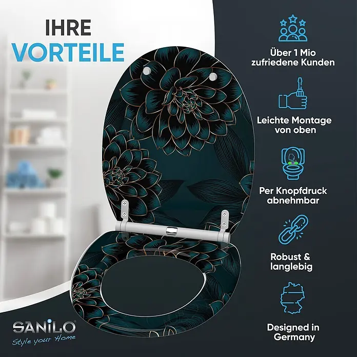 SANILO WC-Sitz Dahlien mit Schnellverschluss - MDF, Blau, Mit Absenkautomatik - Toilettensitz mit dunkelblaugrünem und goldenem Blumenmuster, teilweise geöffnet dargestellt.