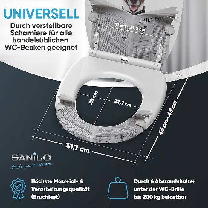 SANILO WC-Sitz Newspaper mit Schnellverschluss - MDF, Braun, Mit Absenkautomatik - Weißer Toilettensitz mit verstellbaren Scharnieren, hochwertigem Material und 200 kg Belastbarkeit, Maße gezeigt.