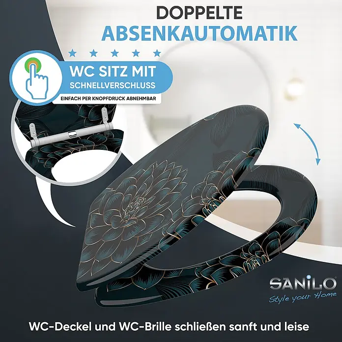SANILO WC-Sitz Dahlien mit Schnellverschluss - MDF, Blau, Mit Absenkautomatik - Toilettensitz mit dunkelblau-goldenem Blattmuster, doppelter Absenkautomatik und Schnellverschluss.