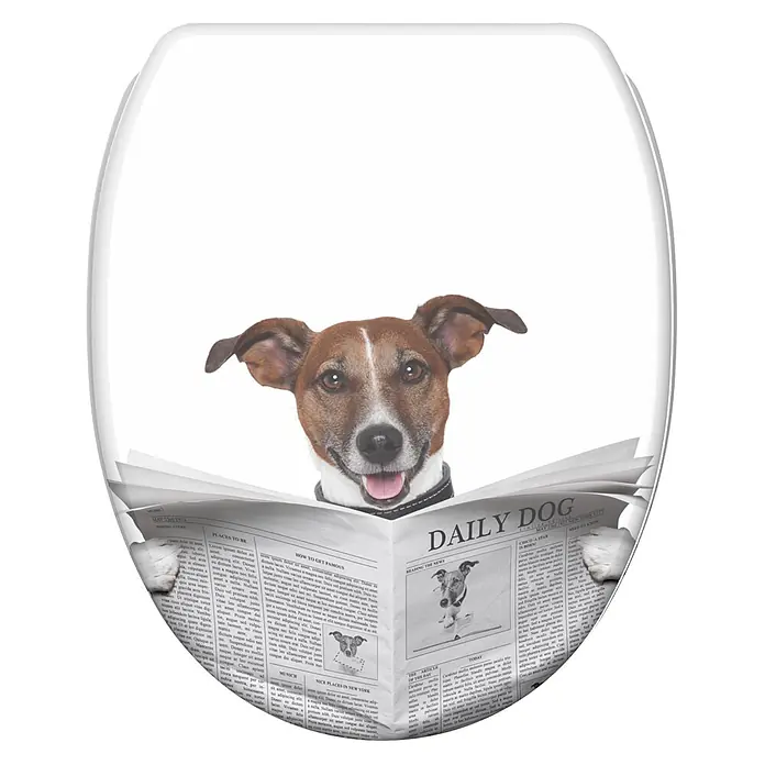 SANILO WC-Sitz Newspaper mit Schnellverschluss - MDF, Braun, Mit Absenkautomatik - Weiße Toilettenbrille mit einem Aufdruck eines fröhlichen Jack Russell Terrier Hundes, der Zeitung liest.