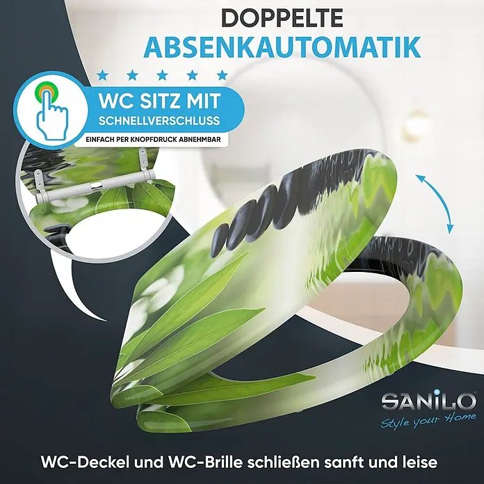 SANILO WC-Sitz Harmony mit Schnellverschluss - MDF, Grün, Mit Absenkautomatik - WC-Sitz mit grünem Naturdesign, doppelter Absenkautomatik und Schnellverschluss zur einfachen Reinigung.