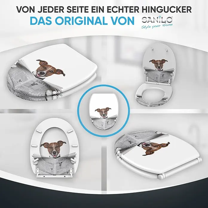 SANILO WC-Sitz Newspaper mit Schnellverschluss - MDF, Braun, Mit Absenkautomatik - Weißer Toilettensitz mit einem Design eines Zeitung lesenden Hundes, aus verschiedenen Perspektiven gezeigt.