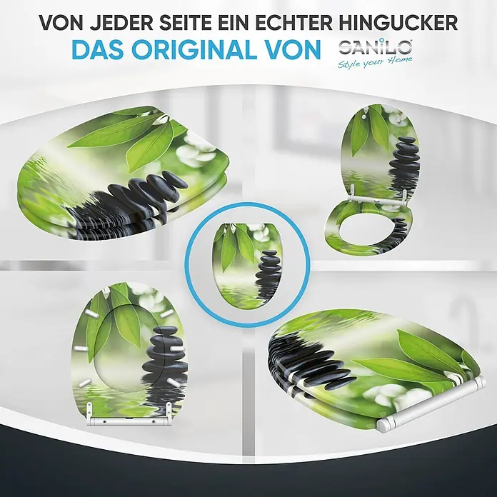SANILO WC-Sitz Harmony mit Schnellverschluss - MDF, Grün, Mit Absenkautomatik - Toilettensitz mit ruhigem Zen-Design: grüne Blätter und gestapelte schwarze Steine im Wasser, aus verschiedenen Blickwinkeln gezeigt.