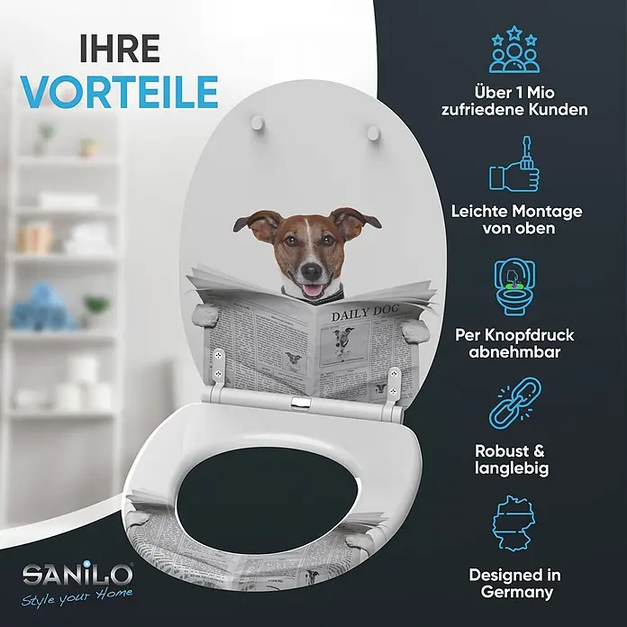 SANILO WC-Sitz Newspaper mit Schnellverschluss - MDF, Braun, Mit Absenkautomatik - Weißer Toilettensitz mit lustigem Zeitungsdruck auf Deckel und Sitz, offen in Badezimmerumgebung.
