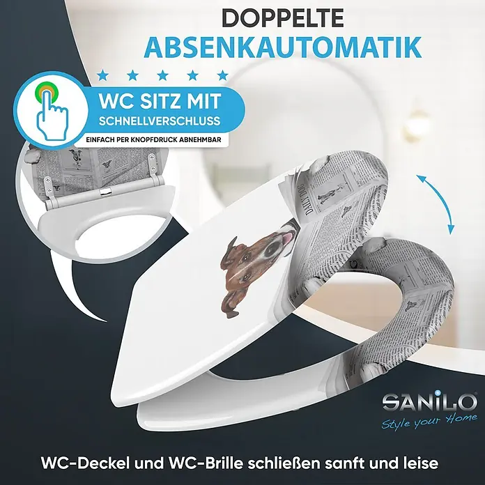 SANILO WC-Sitz Newspaper mit Schnellverschluss - MDF, Braun, Mit Absenkautomatik - Weißer WC-Sitz mit Zeitungsdruck, Hundemotiv, Absenkautomatik und Schnellverschluss zur einfachen Abnahme.