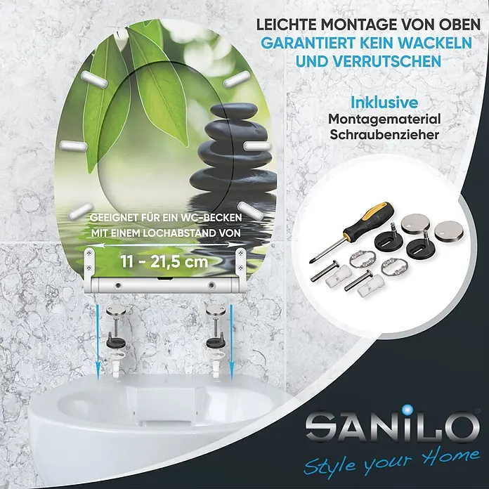 SANILO WC-Sitz Harmony mit Schnellverschluss - MDF, Grün, Mit Absenkautomatik - WC-Sitz mit Zen-Design (Blätter, Steine), zeigt Montage von oben mit 11-21,5 cm Lochabstand und inklusivem Montagematerial/Schraubenzieher.