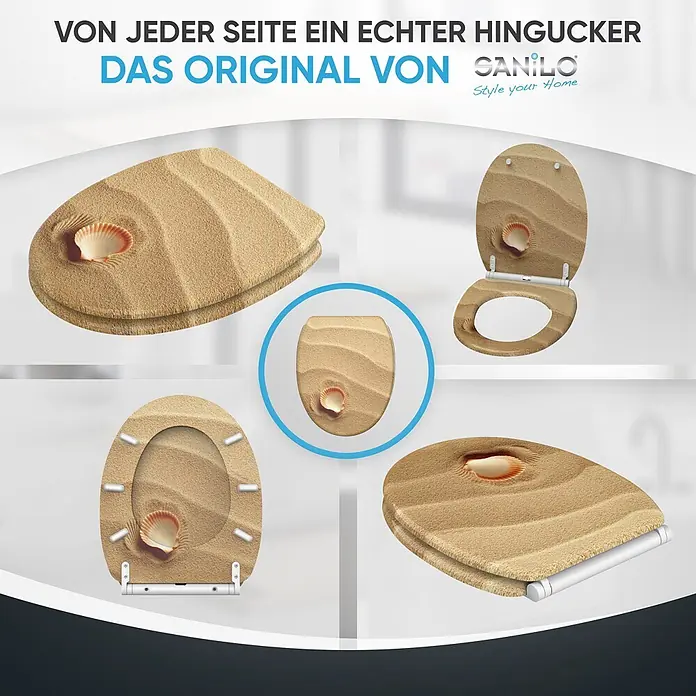 SANILO WC-Sitz Clam mit Schnellverschluss - MDF, Braun, Mit Absenkautomatik - Toilettensitz und -deckel mit Sand- und Muscheldesign, präsentiert in verschiedenen Ansichten.