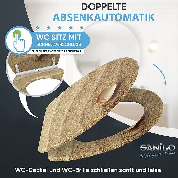 SANILO WC-Sitz Clam mit Schnellverschluss - MDF, Braun, Mit Absenkautomatik - Beiger WC-Sitz in Sand-Optik mit Muschel, Schnellverschluss und doppelter Absenkautomatik.