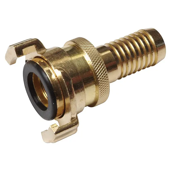 Floraworld Schnellkupplungs-Gewindestück Saug-/Hochdruck - Messing, 1″ - Goldenes Messing-Schnellkupplungsstück für Schläuche mit geripptem Ende und schwarzem O-Ring.