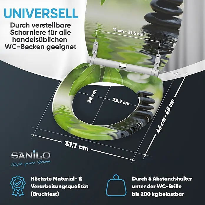 SANILO WC-Sitz Harmony mit Schnellverschluss - MDF, Grün, Mit Absenkautomatik - WC-Sitz mit Naturmotiv, universell passend durch verstellbare Scharniere, bruchfest und bis 200 kg belastbar.