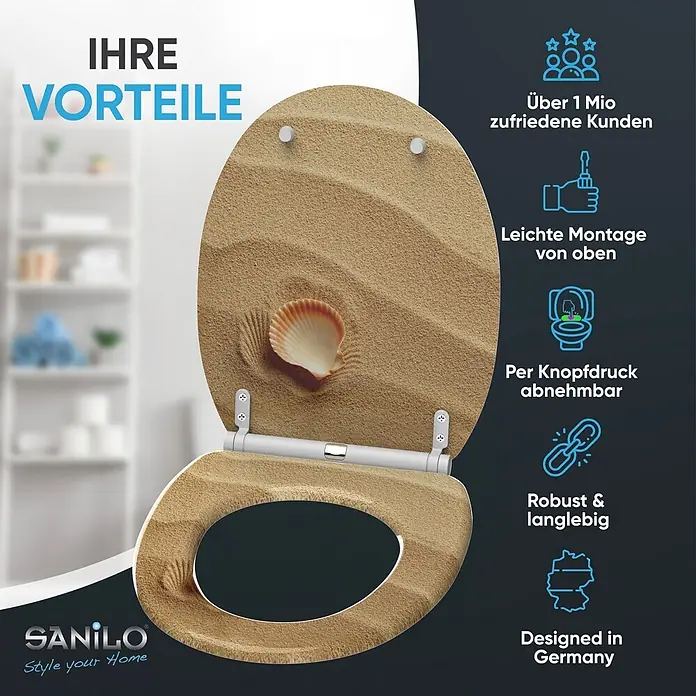 SANILO WC-Sitz Clam mit Schnellverschluss - MDF, Braun, Mit Absenkautomatik - Geöffneter Toilettensitz mit beigefarbener Sandtextur und Muscheldetail. Merkmale wie einfache Top-Montage und Schnellverschluss werden hervorgehoben.
