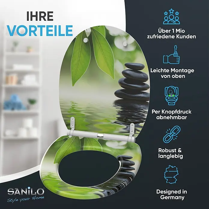 SANILO WC-Sitz Harmony mit Schnellverschluss - MDF, Grün, Mit Absenkautomatik - Toilettensitz mit Grünblatt- und Steinmotiv, Produktmerkmale rechts.