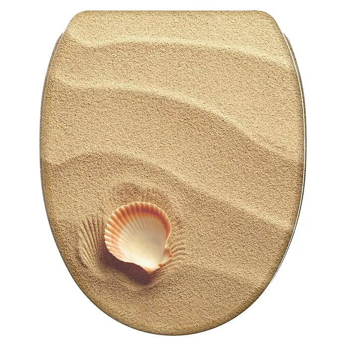 SANILO WC-Sitz Clam mit Schnellverschluss - MDF, Braun, Mit Absenkautomatik - Toilettensitz mit Sandmuster und Muschel, der ein Strandthema ins Bad bringt.