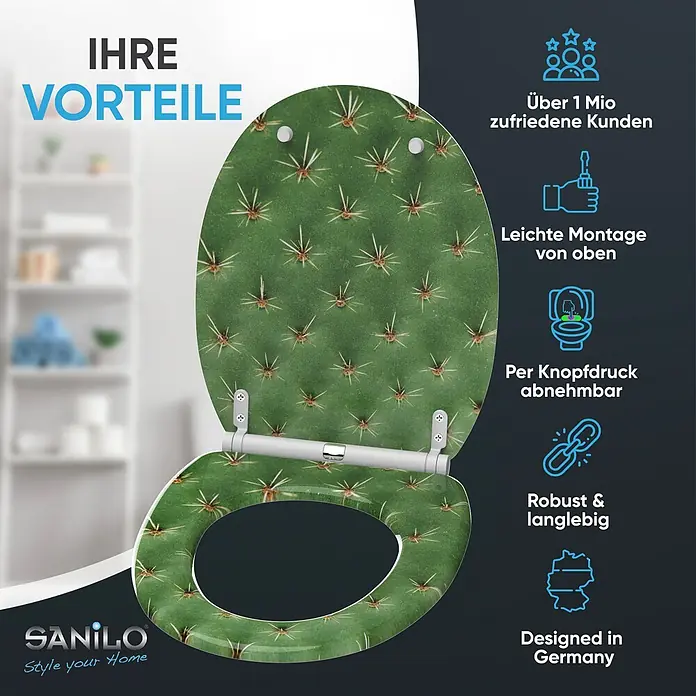 SANILO WC-Sitz Kaktus mit Schnellverschluss - MDF, Grün, Mit Absenkautomatik - Ein Toilettensitz mit leuchtend grünem Kaktusmuster und weißen Stacheln, ausgestattet mit weißen Scharnieren. Der Sitz ist geöffnet.