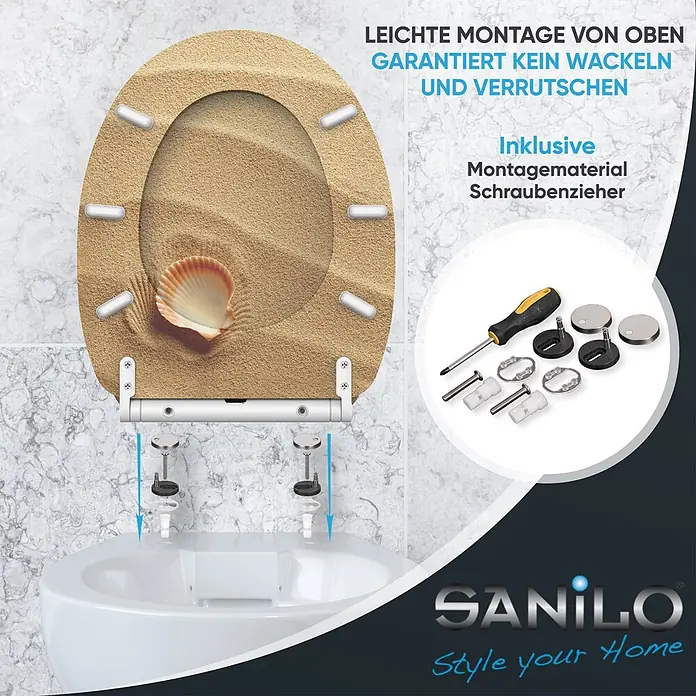 SANILO WC-Sitz Clam mit Schnellverschluss - MDF, Braun, Mit Absenkautomatik - Toilettensitz mit Sand- und Muscheldesign, gezeigt mit Montagezubehör und Schraubenzieher zur einfachen Top-Montage.