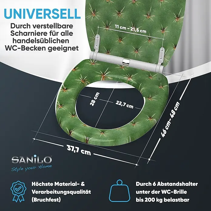 SANILO WC-Sitz Kaktus mit Schnellverschluss - MDF, Grün, Mit Absenkautomatik - Grüner Toilettensitz mit Kaktusmuster, Maße, verstellbaren Scharnieren, hoher Qualität und 200 kg Tragkraft mit 6 Abstandshaltern.