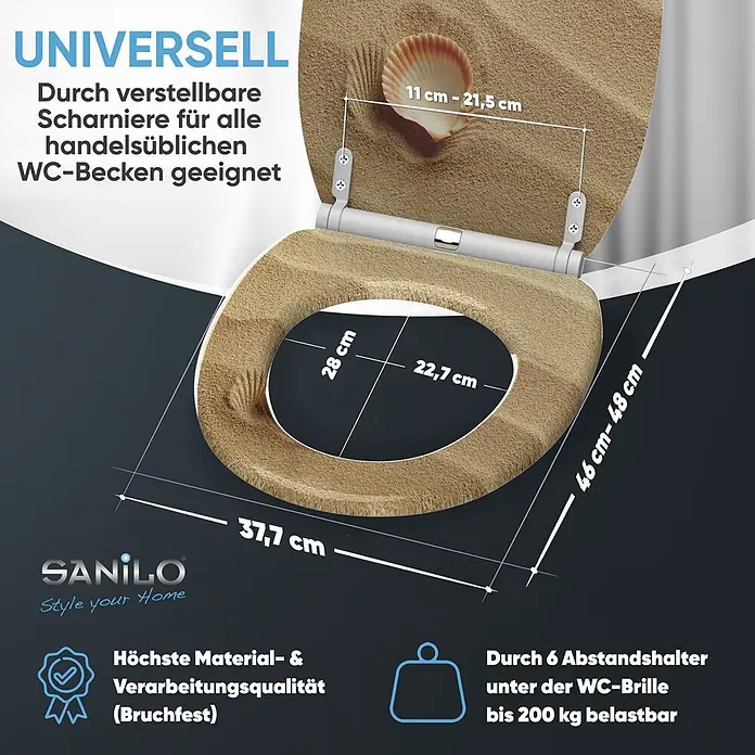 SANILO WC-Sitz Clam mit Schnellverschluss - MDF, Braun, Mit Absenkautomatik - Sandfarbener WC-Sitz im Strand-Design mit Muschelmotiv, universell passend durch verstellbare Scharniere, bruchfest.