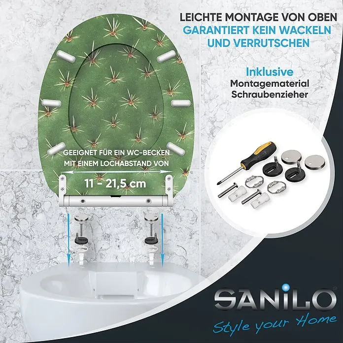 SANILO WC-Sitz Kaktus mit Schnellverschluss - MDF, Grün, Mit Absenkautomatik - Grüner Toilettensitz mit Kaktusmuster, inkl. Montagematerial und Schraubenzieher, für einfache Top-Montage am WC mit verstellbarem Lochabstand.