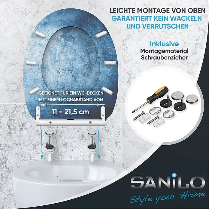 SANILO WC-Sitz Solium mit Schnellverschluss - MDF, Blau, Mit Absenkautomatik - Strukturierter blauer WC-Sitz mit Top-Fix-Befestigungsmaterial und Schraubendreher, auf einer weißen Toilette montiert dargestellt.