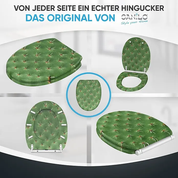 SANILO WC-Sitz Kaktus mit Schnellverschluss - MDF, Grün, Mit Absenkautomatik - Grüner Toilettensitz mit Kaktusmuster, aus verschiedenen Blickwinkeln geschlossen und offen dargestellt.