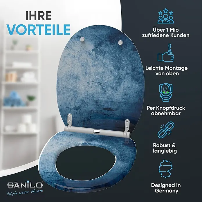 SANILO WC-Sitz Solium mit Schnellverschluss - MDF, Blau, Mit Absenkautomatik - Blauer, strukturierter Toilettensitz mit offenem Deckel, der Produktvorteile und Designmerkmale hervorhebt.