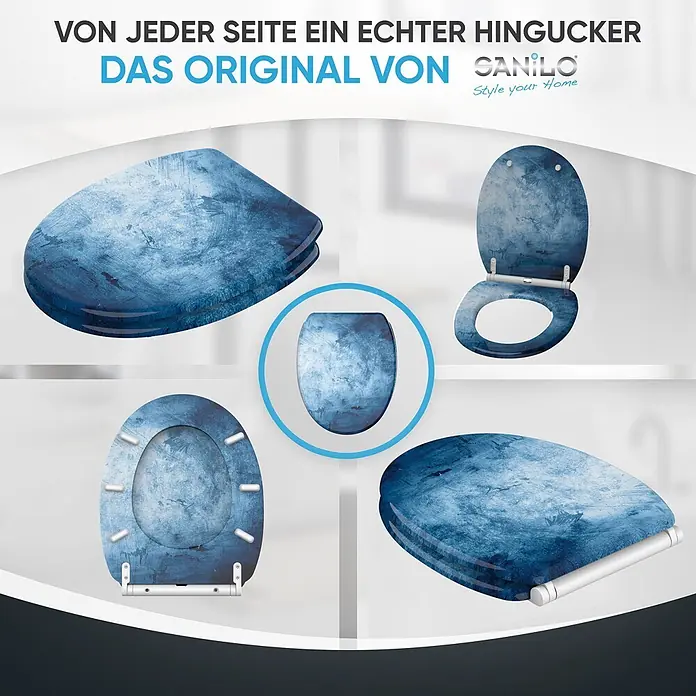 SANILO WC-Sitz Solium mit Schnellverschluss - MDF, Blau, Mit Absenkautomatik - Blauer, strukturierter Toilettensitz aus verschiedenen Perspektiven, der sein Design und seine Komponenten zeigt.
