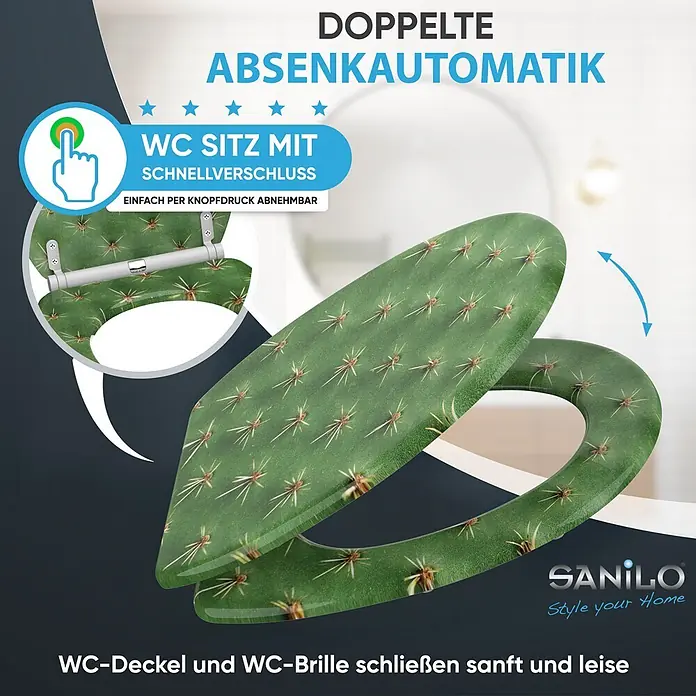 SANILO WC-Sitz Kaktus mit Schnellverschluss - MDF, Grün, Mit Absenkautomatik - Grüner WC-Sitz mit Kaktusmuster. Mit doppelter Absenkautomatik und Schnellverschluss zum Abnehmen.