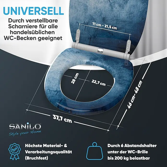 SANILO WC-Sitz Solium mit Schnellverschluss - MDF, Blau, Mit Absenkautomatik - Blauer WC-Sitz mit Muster, verstellbaren Scharnieren, universell passend und bis 200 kg belastbar.