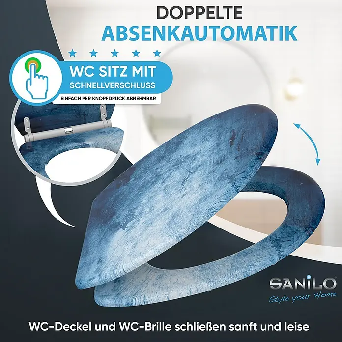 SANILO WC-Sitz Solium mit Schnellverschluss - MDF, Blau, Mit Absenkautomatik - Blauer WC-Sitz mit Schnellverschluss und doppelter Absenkautomatik. Deckel und Brille schließen sanft und leise.