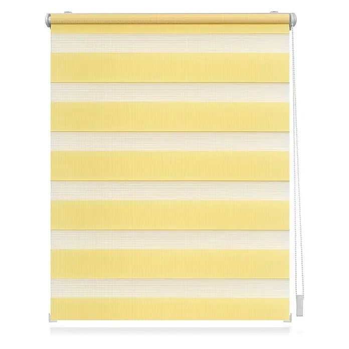Lichtblick Doppelrollo -  - Gelb-cremefarbene gestreifte Zebra-Rollos, die abwechselnd undurchsichtige und transparente Paneele zeigen.