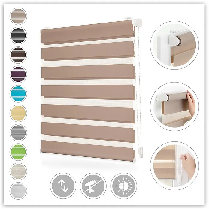 Lichtblick Doppelrollo -  - Beige-weißes Doppelrollo mit abwechselnd transparenten und blickdichten Streifen zur Regulierung von Licht und Privatsphäre.