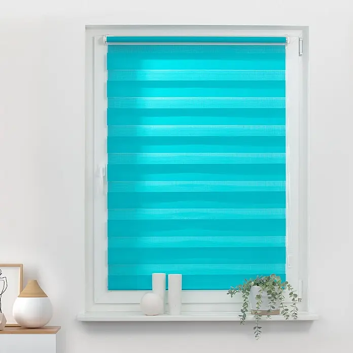 Lichtblick Doppelrollo -  - Aqua-Zebra-Rollo mit horizontal gestreiftem Stoff, im Fenster montiert.