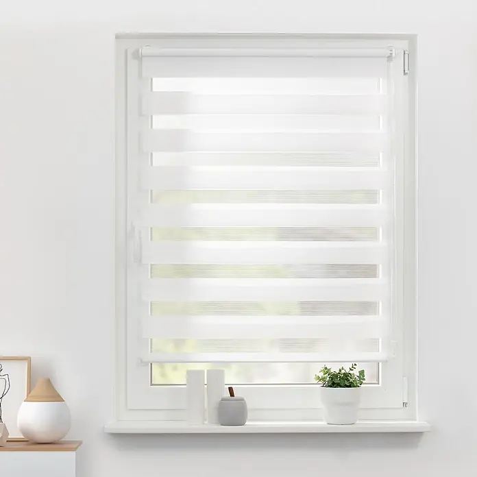 Lichtblick Doppelrollo -  - Weißes Zebra-Rollo im Fenster montiert, mit abwechselnd transparenten und undurchsichtigen Streifen.
