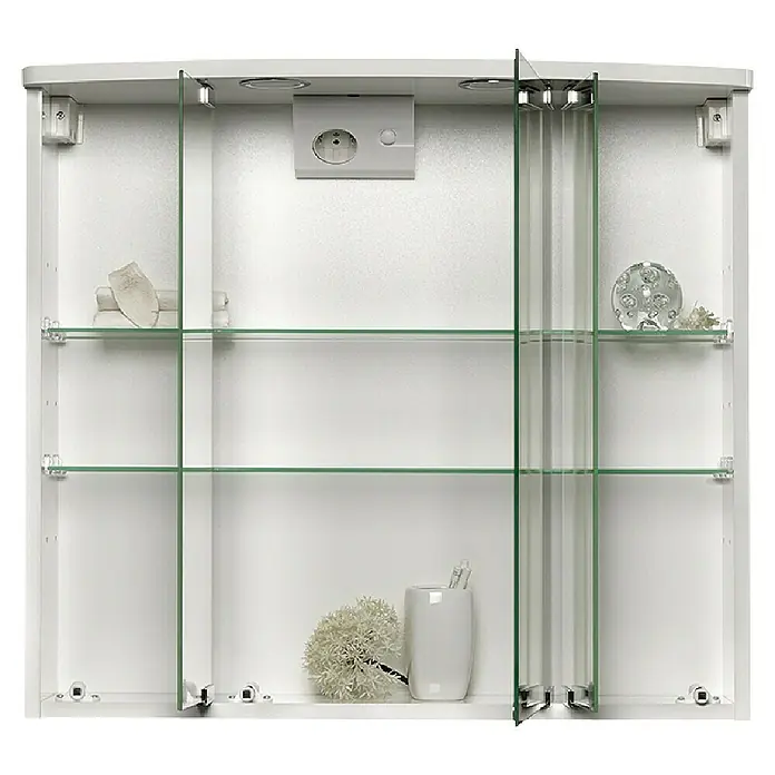 Jokey LED-Spiegelschrank Lumo - B x H: 67,5 x 60 cm, Holz, Weiß - Ein offener Spiegelschrank mit Glasböden, ausgestattet mit Steckdose und dekorativen Elementen.