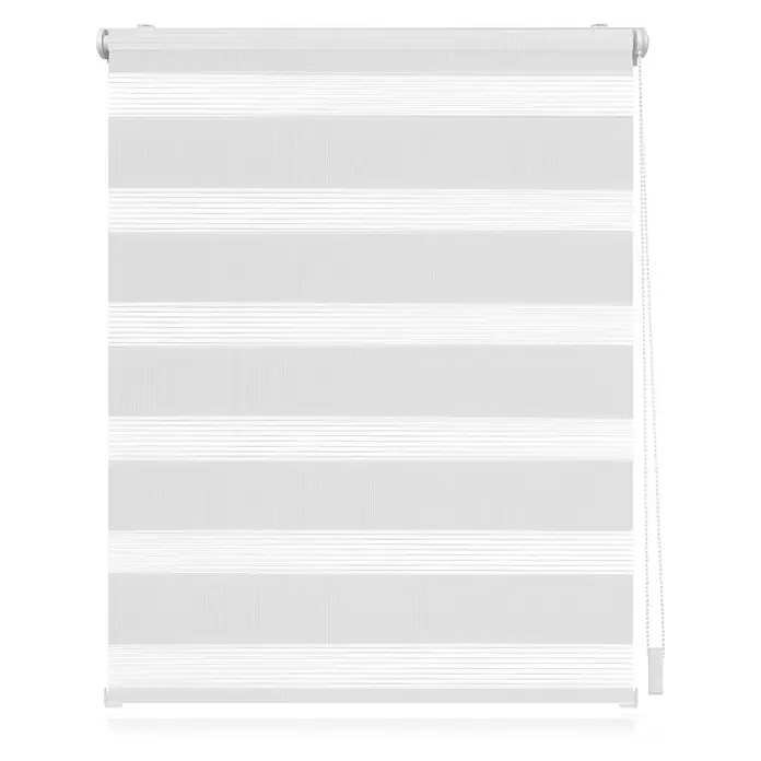 Lichtblick Doppelrollo -  - Weißes Zebra-Rollo mit abwechselnd transparenten und blickdichten horizontalen Streifen und einer Zugschnur rechts.