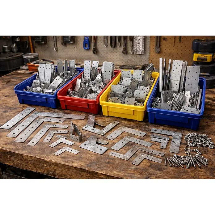 Stabilit Escuadra contrachapada - 100 x 28 x 150 mm, Haya natural - Piezas de kit de construcción de metal galvanizado: escuadras, placas planas, tornillos y tuercas, organizadas en cubos de colores y sobre una mesa de madera.
