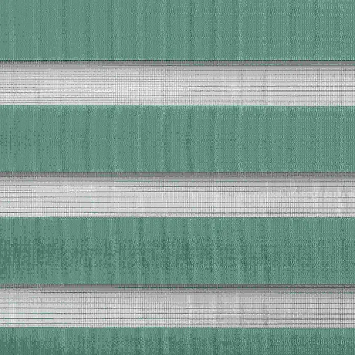 Lichtblick Doppelrollo -  - Nahaufnahme von Duo-Rollo-Stoff in Türkis und Weiß mit abwechselnd undurchsichtigen und transparenten horizontalen Streifen.