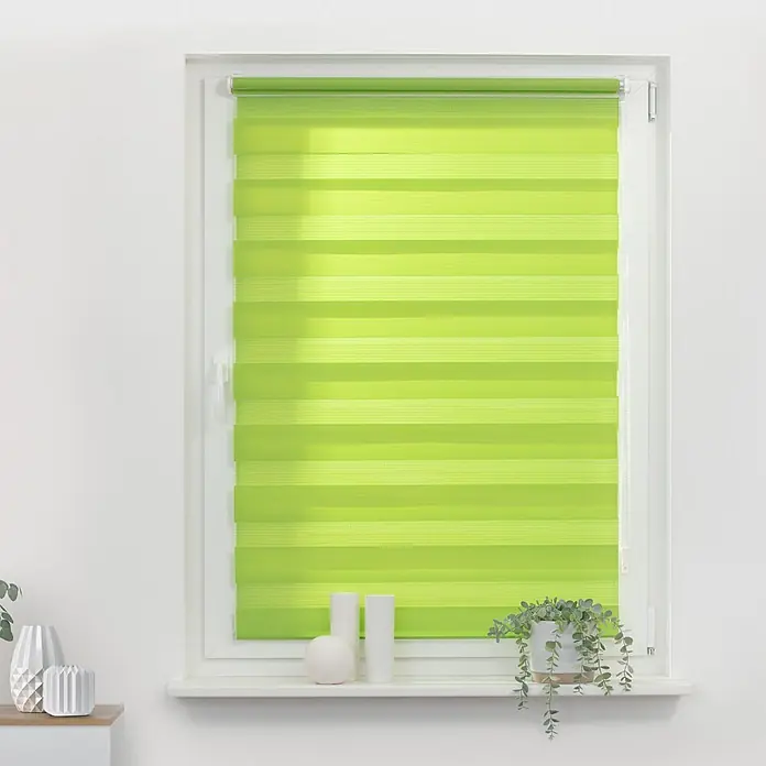 Lichtblick Doppelrollo -  - Limettengrünes Zebra-Rollo in einem Fensterrahmen installiert.