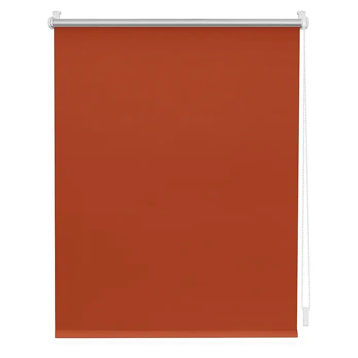 Lichtblick Thermorollo - Terracotta - Terrakotta-Rolljalousie mit silberner Oberschiene und weißer Zugschnur, teilweise abgerollt.