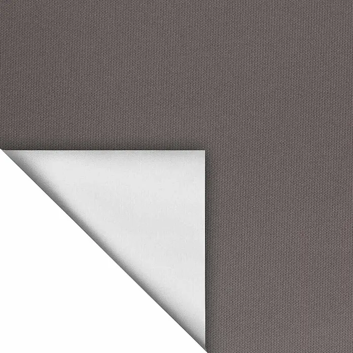 Lichtblick Thermorollo - Taupe - Dunkelgrauer, texturierter Verdunkelungsstoff mit weißer Rückseite, Ecke zeigt beide Seiten.